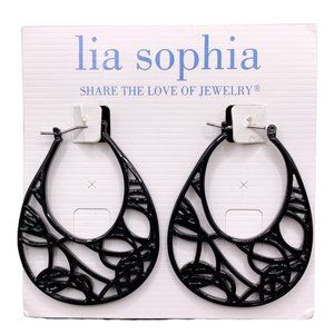Lia Sophia New Earrings Black Filigree Openwork Metal Oval Hoop Abstract Glossy
